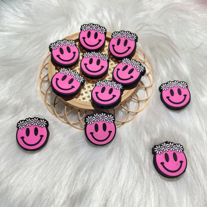 Wholesale 2D smiley face flower silicone cartoon beads 10pcs/pack